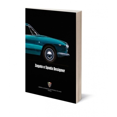 Livro preto com imagem de carro clássico verde azul e texto Zagato e Spada Designer