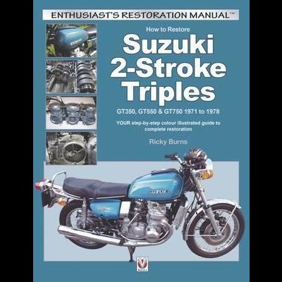 Capa de manual de restauração para motos Suzuki 2-Stroke Triples com texto e fotos