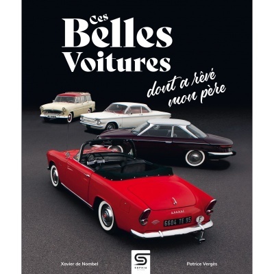 Quatro carros clássicos em miniatura de várias cores sobre superfície cinza com texto em francês