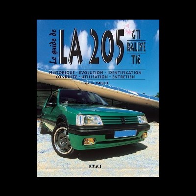 Capa de livro com carro Peugeot 205 verde e texto sobre o modelo LA 205 GTI RALLYE TI 6