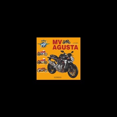 Imagem de três motocicletas MV Agusta com logo da marca e texto MV AGUSTA sobre fundo laranja