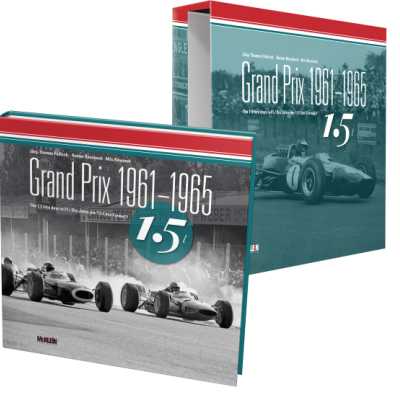 Dois livros sobre Grand Prix de 1961-1965 com capas a cores e imagens de carros de corrida antigos.