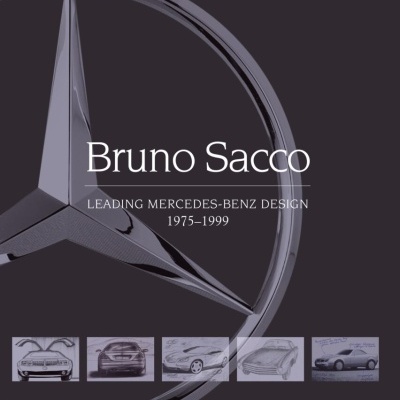 Capa de livro Bruno Sacco com símbolo Mercedes-Benz e esboços de carros