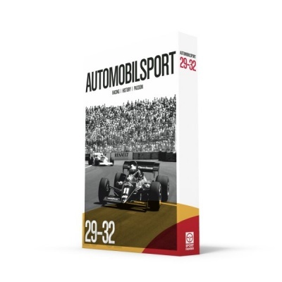 Embalagem de jogo AUTOMOBILSPORT com imagem de carro de corrida e público em preto e branco