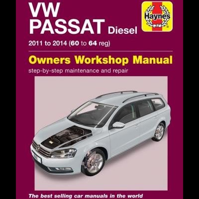 Capa de manual VW Passat Diesel 2011-2014 Haynes com imagem de carro prateado e motor visível