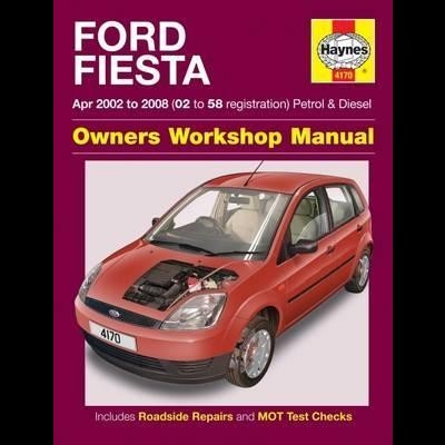 Capa de manual de oficina Haynes para Ford Fiesta com carro vermelho e texto destacado.