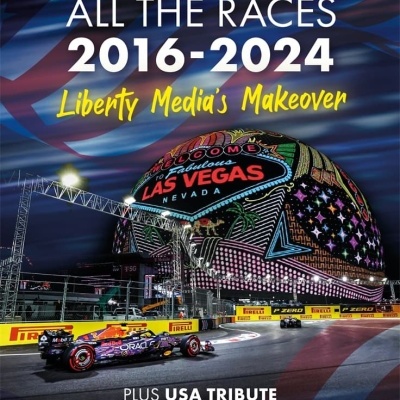 Capa de livro sobre Fórmula 1 com carro e letreiro da Las Vegas ao fundo