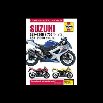 Manual de serviço Suzuki GSK-R600, GSK-R750, GSK-R1000 Haynes com imagens de motos azul, vermelho e amarelo
