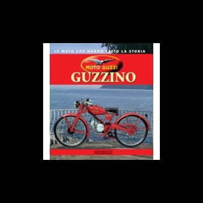 Livro com capa vermelha sobre mota clássica vermelha e texto 'MOTO GUZZI GUZZINO'