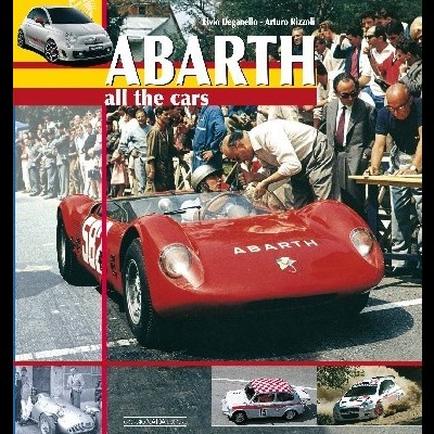 Capa de livro com carro de corrida vermelho Abarth e multidão ao redor.