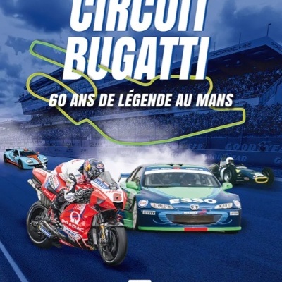 Capa de livro com motociclismo e carros de corrida no circuito Bugatti