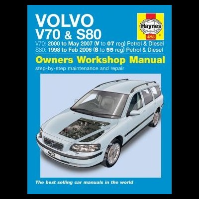 Capa de manual de oficina Haynes para Volvo V70 & S80 com carro cinza-claro e motor visível