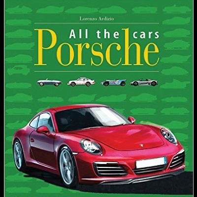Capa de livro verde com imagem de carro desportivo vermelho Porsche e título 'All the cars Porsche'