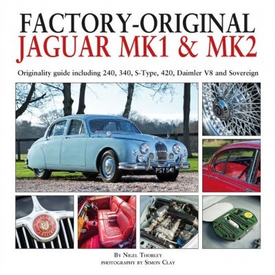 Capa de livro sobre Jaguar MK1 e MK2 com várias fotos de carros e peças