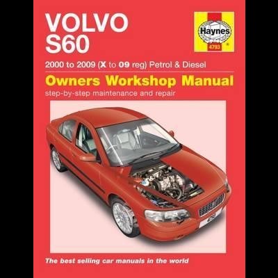 Capa de manual Haynes para Volvo S60 com imagem de carro vermelho e texto informativo.