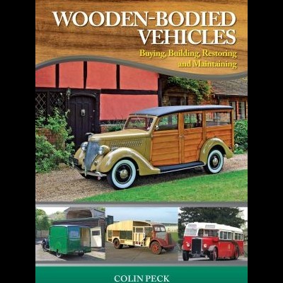 Capa de livro com carro antigo amarelo e madeira e texto sobre veículos com carroçaria em madeira