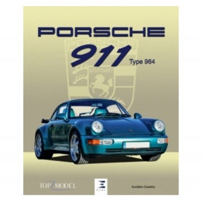 Modelo do automóvel Porsche 911 Type 964 azul escuro, com texto e logotipo da Porsche no fundo