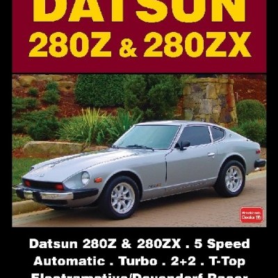 Cartaz promocional com Datsun 280Z prateado e especificações técnicas