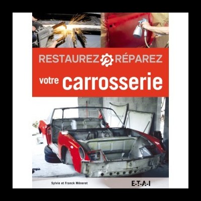 Carro vermelho em restauração com texto 'RESTAUREZ RÉPAREZ votre carrosserie'