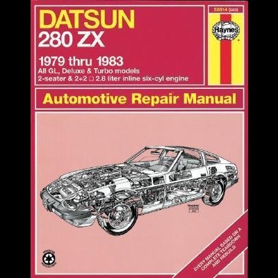 Manual de reparação automóvel Datsun 280 ZX com ilustração técnica do carro em fundo rosa