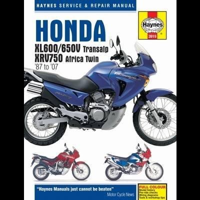 Capa de manual Haynes com motos Honda Transalp e Africa Twin em azul e vermelho