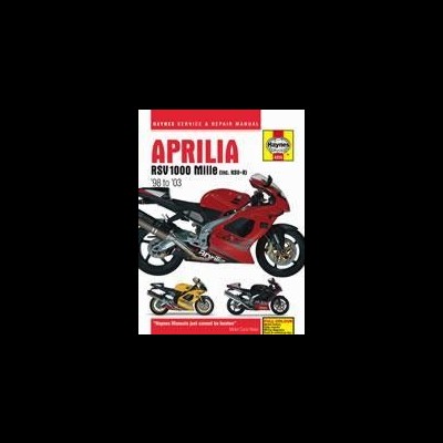 Revista com capa de manual de serviço e reparação da Aprilia RSV 1000 Mille com motos vermelha, amarela e preta