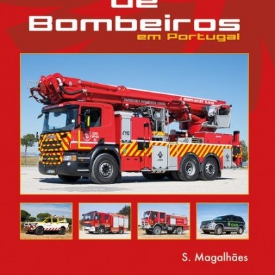 Capa de livro vermelho com imagem de um camião de bombeiros e quatro imagens pequenas de veículos de emergência