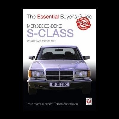 Capa de livro guia do Mercedes-Benz S-Class W126 com imagem frontal do carro prateado