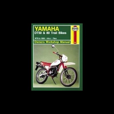 Capa de manual verde para motos Yamaha DT50 & 80 Trail Bikes com mota vermelha e branca.