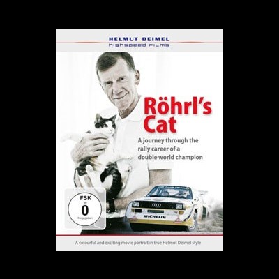 Capa do filme Röhrl's Cat com homem segurando gato e carro de corrida