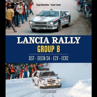 Livro com imagens de carros de rally Lancia em ação na lama e na neve.