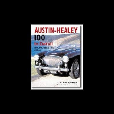 Capa de livro com fotografia de carro clássico Austin-Healey 100 azul e texto em vermelho e preto