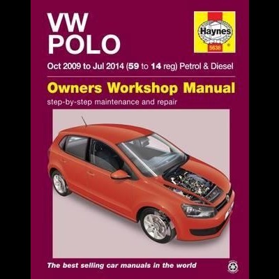 Capa do manual VW POLO com carro vermelho e motor visível, fundo roxo.