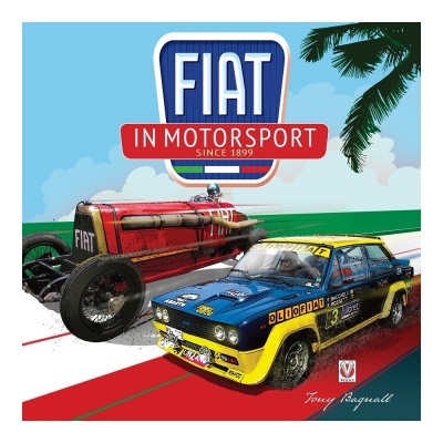 Dois carros de corrida FIAT, um antigo vermelho e outro azul e amarelo, com logotipos e texto FIAT IN MOTORSPORT