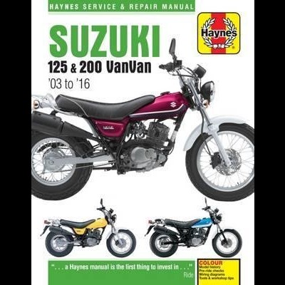 Capa de manual Haynes para Suzuki VanVan com mota vinho e duas motas pequenas em amarelo e azul.