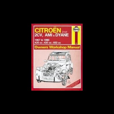 Capa de manual de oficina Citroën 2CV em vermelho e amarelo com desenho de carro