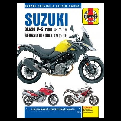 Manual de reparação Haynes para motos Suzuki DL650 e SFV650 com imagens das motos em várias cores.