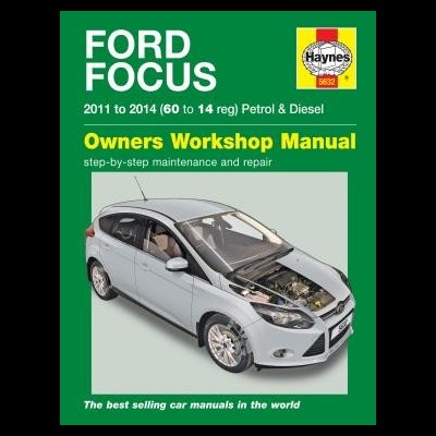 Capa de manual verde com texto e imagem de carro Ford Focus cinzento com capô aberto