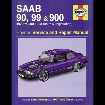 Capa roxa de manual Haynes para carros Saab com ilustração do carro e texto descritivo