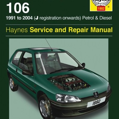 Capa do manual Haynes Peugeot 106 com carro verde e motor visível
