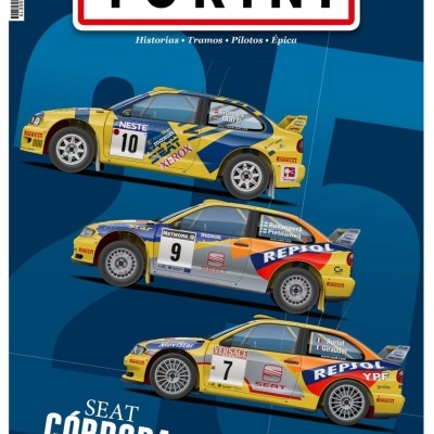 Capa da revista TURINI com três carros de rali SEAT CÓRDOBA WRC em fundo azul