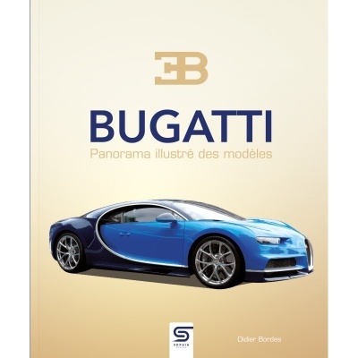 Livro com imagem de um carro Bugatti azul e textos em francês