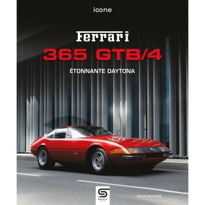 Capa de livro com Ferrari 365 GTB/4 vermelho em estrada