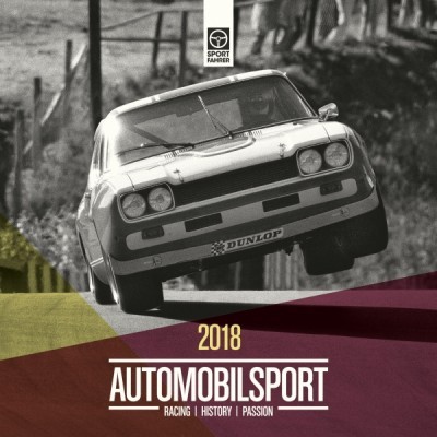 Carro de rali clássico em voo numa corrida, texto 2018 AUTOMOBILSPORT
