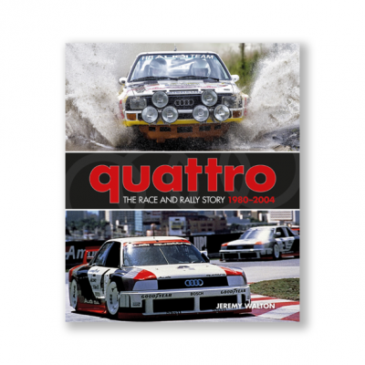 Capa de livro com carros de corrida Audi e título 'quattro THE RACE AND RALLY STORY 1980-2004'