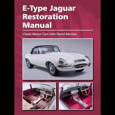 Capa de manual de restauro de Jaguar E-Type com fotos do carro e interior