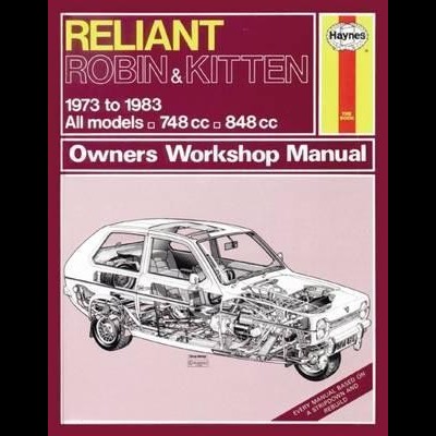Capa do manual de oficina RELIANT ROBIN & KITTEN 1973-1983 com ilustração técnica do carro