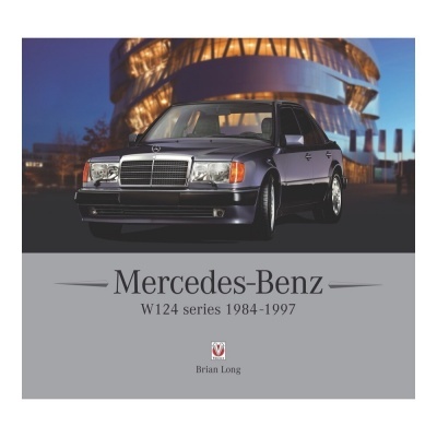 Capa de livro com imagem de um carro Mercedes-Benz W124 cinzento e texto sobre a série e autor.