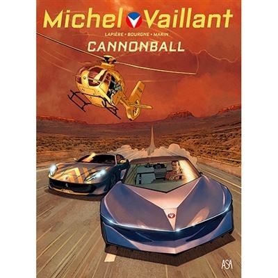 Capa de banda desenhada com carros desportivos, helicóptero e título Michel Vaillant Cannonball