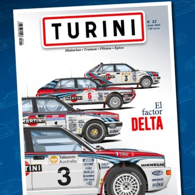 Capa da revista TURINI com carros de rali decorados com Martini e texto El factor DELTA.